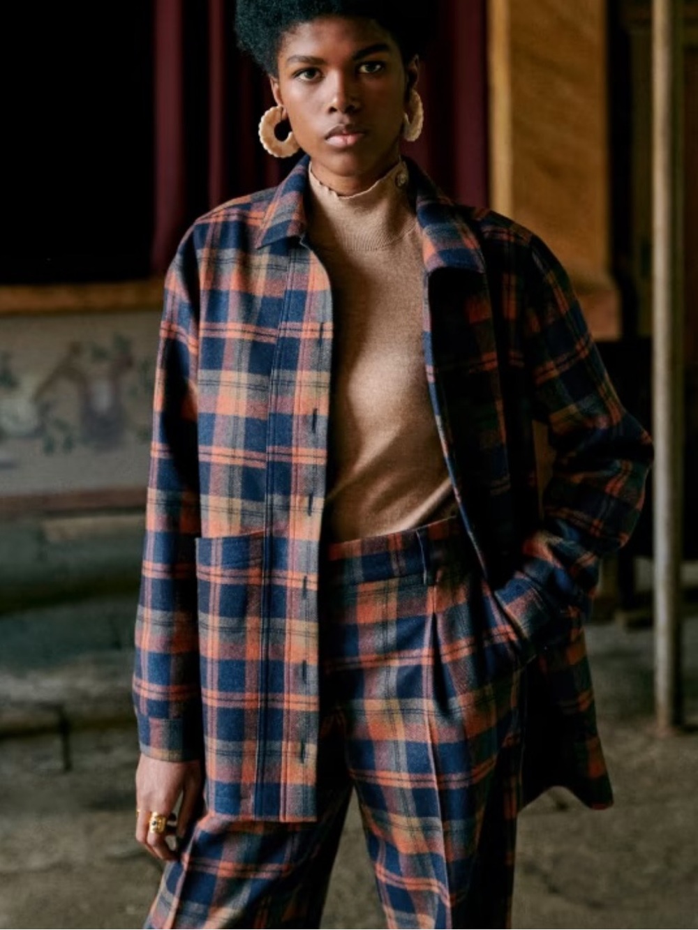 SEZANE Navy Blue & Orange Austria Plaid Wool Fall Flannel Will Jacket Shacket